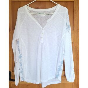 Aventura Organic Cotton Embroidered Floral Shirt LARGE Roll Tab Sleeves Beachy L